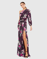 Purple Floral Print One Sleeve Gown